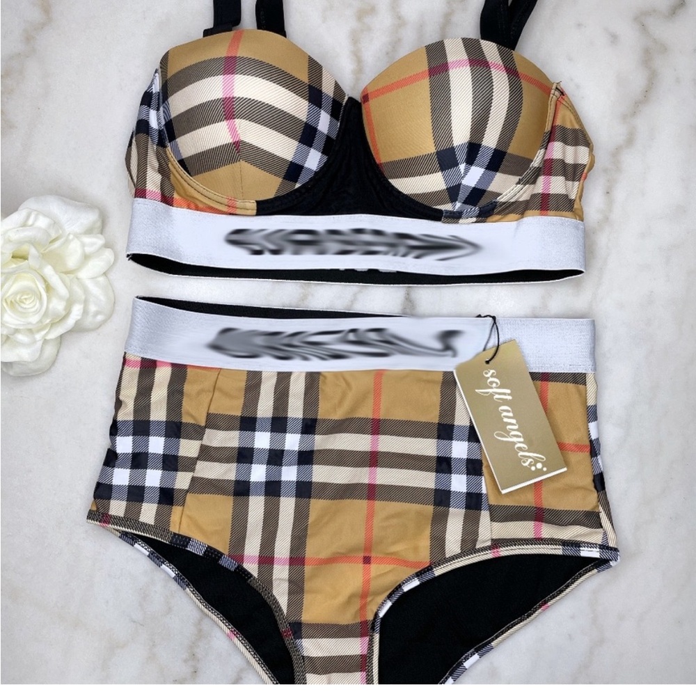 Tan plaid high waisted designer swimsuit